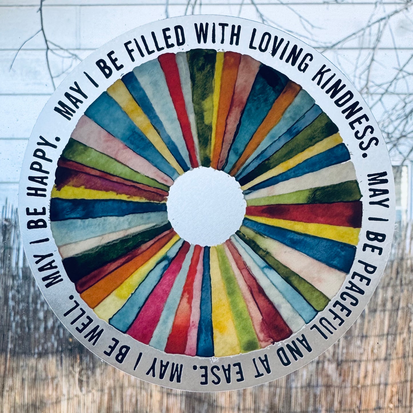 5" round vinyl CLEAR sticker metta prayer hand painted pattern • water bottle sticker • journal sticker • window sticker